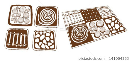 Handmade Sensory Tactile Mat and Pad Set. DIY Occupational Therapy Texture Board. Craft Montessori Material Foot Massage Block for Autism, ADHD Home Rehabilitation Isolated Brown Vector Hand Drawn. 141004363