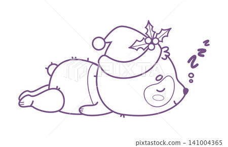 Outline Cute Christmas Panda Bear Lying In Santa Hat With Stretched Paws. Cozy Holiday Funny Kawaii Lazy Cartoon Animal With Zzz. Line drawing, coloring page. Vector illustration. Kids collection. Outline Cute Christmas Panda Bear Lying In Santa Hat With Stretched Paws. Cozy Holiday Funny Kawaii Lazy Cartoon Animal With Zzz. Line drawing, coloring page. Vector illustration. Kids collection. 141004365