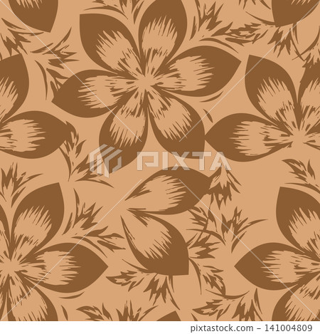 Abstract seamless floral pattern with brown tropical flowers and leaves on a beige background. Elegant monochrome vector ornament. Abstract seamless floral pattern with brown tropical flowers and leaves on a beige background. Elegant monochrome vector ornament. 141004809