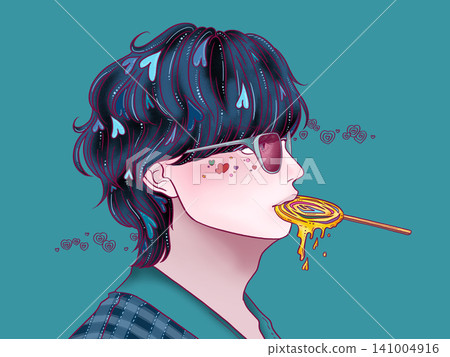 一個男孩穿著藍色衣服，背景是藍色的。 141004916