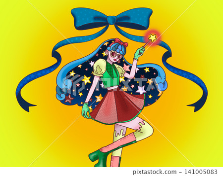 手持魔杖的女孩,黃色背景,有光環。 手持魔杖的女孩,黃色背景,有光環。 141005083