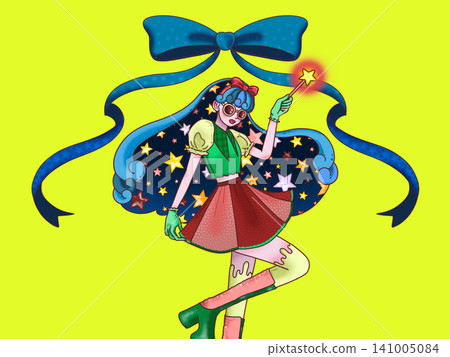 一個女孩拿著魔法棒,背景是黃色的。 一個女孩拿著魔法棒,背景是黃色的。 141005084