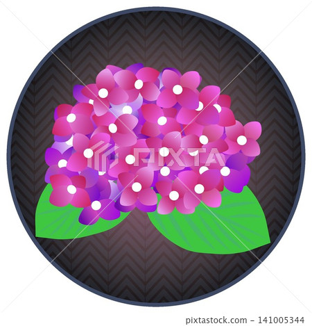 An illustration of a reddish-purple hydrangea with a circular background. An illustration of a reddish-purple hydrangea with a circular background. 141005344