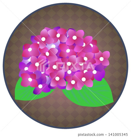An illustration of a reddish-purple hydrangea with a circular background. An illustration of a reddish-purple hydrangea with a circular background. 141005345