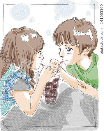 A brother and sister drink juice together. 141005560