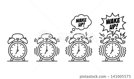 Alarm clock ringing and time management concept, classic twin bell clock vibrating and wake up vector illustration set Alarm clock ringing and time management concept, classic twin bell clock vibrating and wake up vector illustration set 141005573