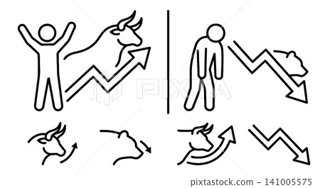 Bull and Bear Market Line Icons Set. Stock Market Trends with Happy and Sad Investors, Financial Graph Arrow Chart Up and Down. Bull and Bear Market Line Icons Set. Stock Market Trends with Happy and Sad Investors, Financial Graph Arrow Chart Up and Down. 141005575