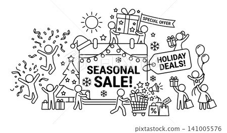 Seasonal sale and holiday deals concept, stick figure Christmas shopping and winter promotion vector illustration Seasonal sale and holiday deals concept, stick figure Christmas shopping and winter promotion vector illustration 141005576