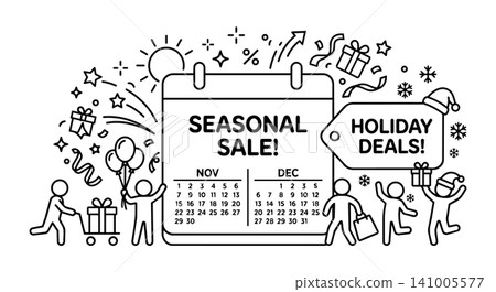 Seasonal sale and holiday deals concept, stick figure Christmas shopping and winter promotion vector illustration Seasonal sale and holiday deals concept, stick figure Christmas shopping and winter promotion vector illustration 141005577