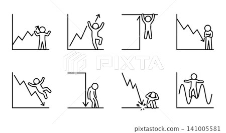 Stock market trend icon set with stick figure business people. Financial graph fluctuations, bull and bear profit or loss concept. Stock market trend icon set with stick figure business people. Financial graph fluctuations, bull and bear profit or loss concept. 141005581