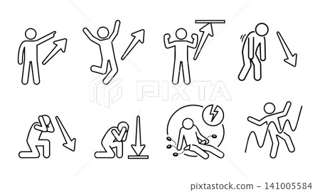 Stick figure business people icon set. Financial success and failure, stock market trend graph, profit and crash emotional reactions concept. 141005584