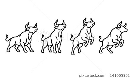 Bull charging and jumping line icon set. Stock market trend financial growth concept, minimalist strong bull vector illustration. Bull charging and jumping line icon set. Stock market trend financial growth concept, minimalist strong bull vector illustration. 141005591
