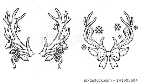 Christmas deer antlers vector set with bells, pine cones and snowflakes, winter line art illustration for coloring page. Christmas deer antlers vector set with bells, pine cones and snowflakes, winter line art illustration for coloring page. 141005604