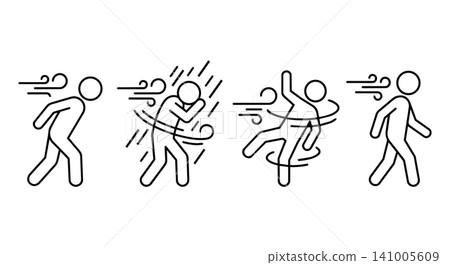 Stick figure in strong wind vector icon set. People walking in storm, heavy rain and typhoon, minimalist line art illustration. Stick figure in strong wind vector icon set. People walking in storm, heavy rain and typhoon, minimalist line art illustration. 141005609