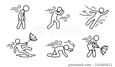 Stick figure in strong wind vector icon set. People walking in storm, heavy rain and typhoon, minimalist line art illustration. 141005611