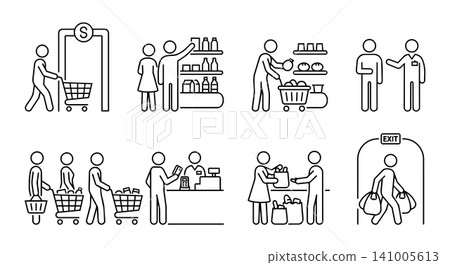 Supermarket shopping stick figure vector icon set. People buying groceries, standing in queue and paying at cashier counter line art. Supermarket shopping stick figure vector icon set. People buying groceries, standing in queue and paying at cashier counter line art. 141005613