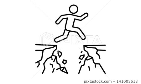 Jumping over cliff gap and overcoming challenge concept, stick figure brave breakthrough vector illustration Jumping over cliff gap and overcoming challenge concept, stick figure brave breakthrough vector illustration 141005618