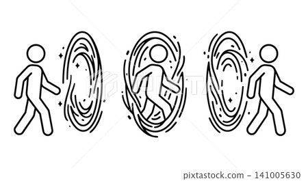 Walking through portal and time tunnel concept, stick figure sci-fi dimension vector illustration set Walking through portal and time tunnel concept, stick figure sci-fi dimension vector illustration set 141005630