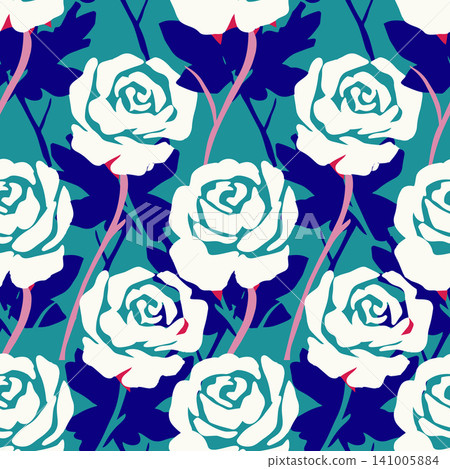 Modern seamless floral pattern. Stylized white rose blossoms with dark blue leaves on a teal background. Vector illustration for apparel and decor. 141005884