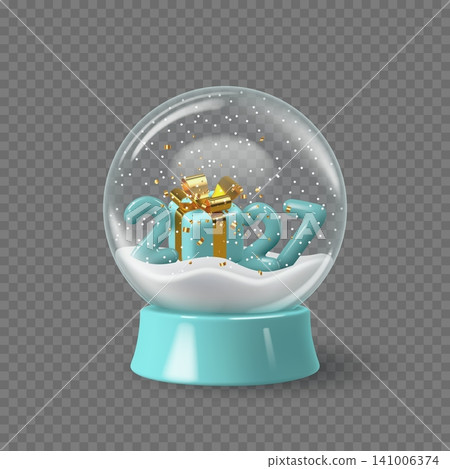 Glass snowglobe with golden gift box, teal 2027 numbers, snowflakes and confetti inside on transparent background. Festive winter decoration for New Year and Christmas celebration. Vector. Glass snowglobe with golden gift box, teal 2027 numbers, snowflakes and confetti inside on transparent background. Festive winter decoration for New Year and Christmas celebration. Vector. 141006374