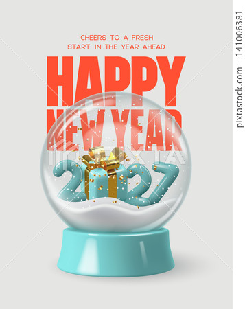 Happy New Year 2027 greeting card with glass snowglobe, golden gift box, snow, and festive confetti. Modern holiday design with red typography and winter decoration. Vector illustration. Happy New Year 2027 greeting card with glass snowglobe, golden gift box, snow, and festive confetti. Modern holiday design with red typography and winter decoration. Vector illustration. 141006381