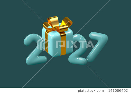 3D render of glossy turquoise 2027 numbers with a golden ribbon gift box in the center. Elegant minimal New Year design with shiny reflections and modern festive composition. Vector 3D render of glossy turquoise 2027 numbers with a golden ribbon gift box in the center. Elegant minimal New Year design with shiny reflections and modern festive composition. Vector 141006402