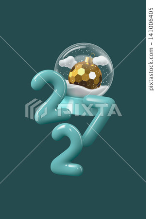 3D render of turquoise 2027 numbers with golden bauble inside snowglobe on top. Elegant glossy New Year composition with snow, clouds and reflections, symbolizing festive winter celebration. Vector 3D render of turquoise 2027 numbers with golden bauble inside snowglobe on top. Elegant glossy New Year composition with snow, clouds and reflections, symbolizing festive winter celebration. Vector 141006405