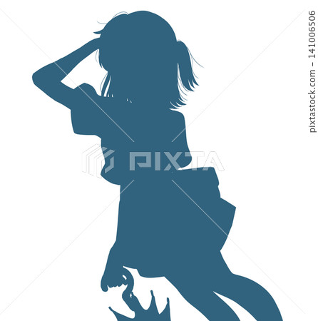 A silhouette of a girl holding an umbrella and shielding her forehead with her hand. A silhouette of a girl holding an umbrella and shielding her forehead with her hand. 141006506
