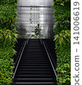 A modern staircase space surrounded by vertical greenery. 141006619