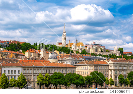 Budapest, Hungary: The beautiful cityscape of Matthias Cathedral and Fisherman's Bastion, perched on the Royal Castle Hill. 141006674