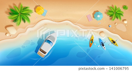 Summer holiday, sea and beach coconut trees, boat, beach umbrella banner design 141006795