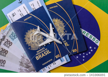Brazil, Brazilian passport or id document with tickets for flight, travel. Brazilian passport 141006891