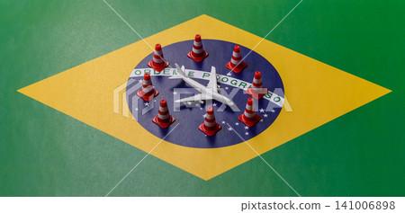 A mock up of airplane surrounded by no fly signs on a brazil flag as a concept A mock up of airplane surrounded by no fly signs on a brazil flag as a concept 141006898