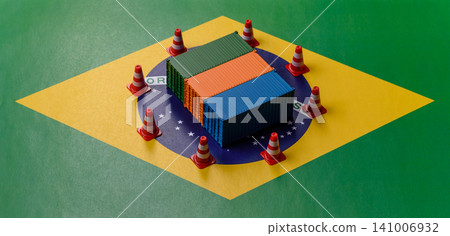 The cargo container ban on the brazil flag as a conceptual backdrop. Cargo container embargo The cargo container ban on the brazil flag as a conceptual backdrop. Cargo container embargo 141006932