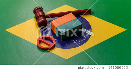 The cargo container ban on the brazil flag as a conceptual backdrop. Cargo container embargo The cargo container ban on the brazil flag as a conceptual backdrop. Cargo container embargo 141006933