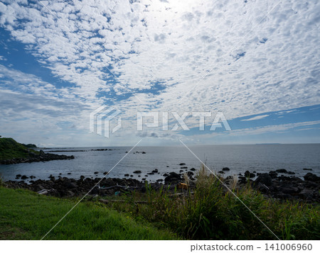深藍色的大海綿延在綠色的草地之外。 深藍色的大海綿延在綠色的草地之外。 141006960