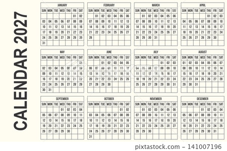 Minimalist-style 2027 annual calendar template Minimalist-style 2027 annual calendar template 141007196