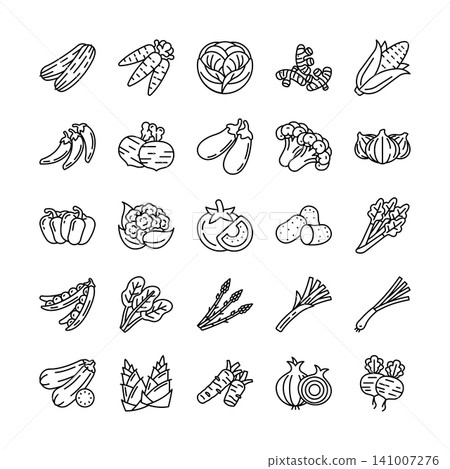 Vegetable icon set featuring fresh farm vegetables, healthy ingredients, and organic food elements in clean line style. Suitable for grocery apps, restaurant menus, packaging projects. Vegetable icon set featuring fresh farm vegetables, healthy ingredients, and organic food elements in clean line style. Suitable for grocery apps, restaurant menus, packaging projects. 141007276