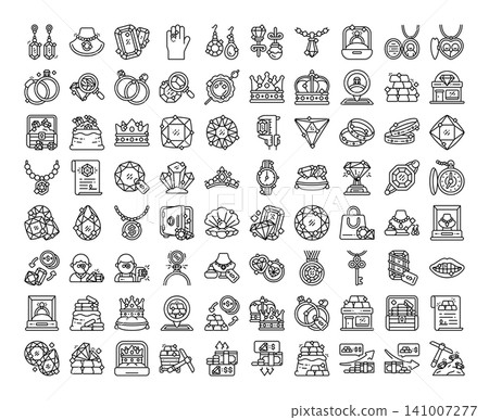 Jewelry icon set featuring rings, necklaces, gemstones, crowns, diamonds, gold investment, luxury accessories, and jewelry store elements in elegant line style. Ideal for luxury branding projects. Jewelry icon set featuring rings, necklaces, gemstones, crowns, diamonds, gold investment, luxury accessories, and jewelry store elements in elegant line style. Ideal for luxury branding projects. 141007277