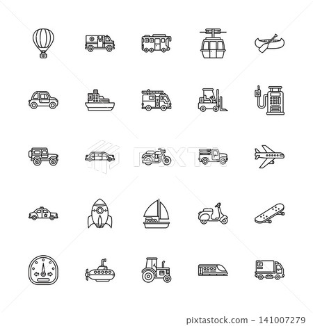 transportation, transport and vehicle vector icon set design outline style. perfect use for logo, presentation, website, and more. modern icon set design line style 141007279