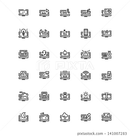 screen, display, monitor, channel and smart television icon. Perfect for application, web, logo, background, game and presentation template. single icon set design line style screen, display, monitor, channel and smart television icon. Perfect for application, web, logo, background, game and presentation template. single icon set design line style 141007283