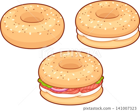 Bagel drawing set with cream cheese and salmon Bagel drawing set with cream cheese and salmon 141007323