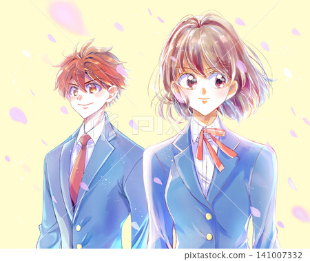 Two forward-looking male and female students, each looking in a different direction, amidst a flurry of cherry blossoms. Two forward-looking male and female students, each looking in a different direction, amidst a flurry of cherry blossoms. 141007332