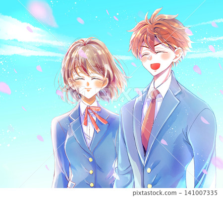 Two smiling male and female students stand side by side amidst a flurry of cherry blossoms. Two smiling male and female students stand side by side amidst a flurry of cherry blossoms. 141007335