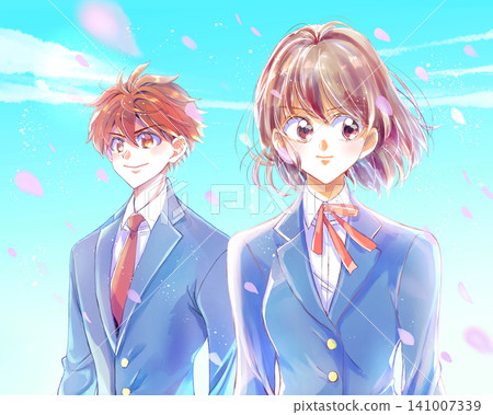 Two forward-looking male and female students, each looking in a different direction, amidst a flurry of cherry blossoms. 141007339