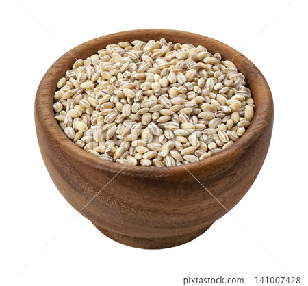 Pearl barley in wooden bowl isolated on white background with clipping path Pearl barley in wooden bowl isolated on white background with clipping path 141007428