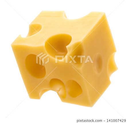 Swiss cheese cube with holes isolated on white background with clipping path Swiss cheese cube with holes isolated on white background with clipping path 141007429