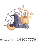 Witch hat with pumpkin, autumn branches and little spider watercolor illustration isolated on white background. Hand drawn fantasy realistic composition in soft and warm shades. For festive poster des 141007779