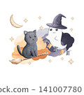 Kitten and ghost flying in the sky isolated on white background. Hand drawn watercolor fantasy illustration of Halloween characters with magic atmosphere.Perfect for children's book and nursery design 141007780