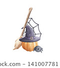 Pumpkin with witch hat, broom and little spider watercolor illustration isolated on white background. Hand drawn cute Halloween composition in festive colors. For poster design and party invitation 141007781